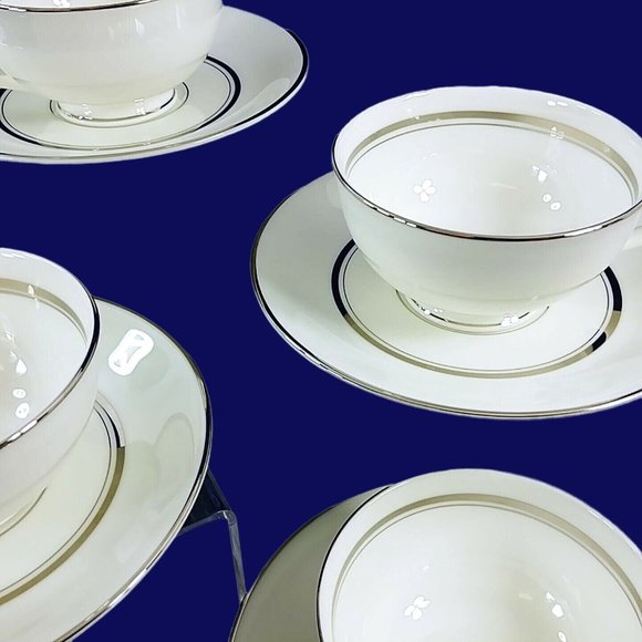 Cup Saucer Set Imperial Fukagawa Porcelain China Silver Trim 4 Cups 4 Saucers - Picture 7 of 11